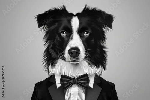 A black and white dog dressed in a tuxedo, suitable for elegant events or pet fashion concepts