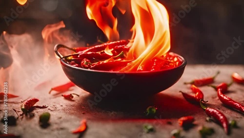 chilies with a burning fire effect photo