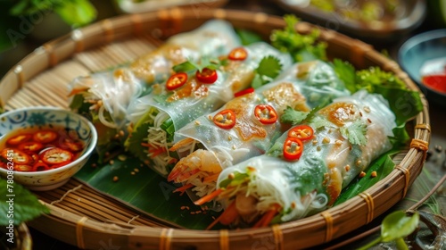 Vietnamese dish Nam ran. Spring rolls in rice paper stuffed with vegetables with rice and chicken inside. © lastfurianec