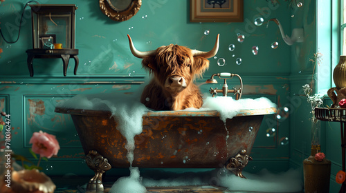 Whimsical Highland Cow in Bubbles, Vintage Teal Bathroom Decor