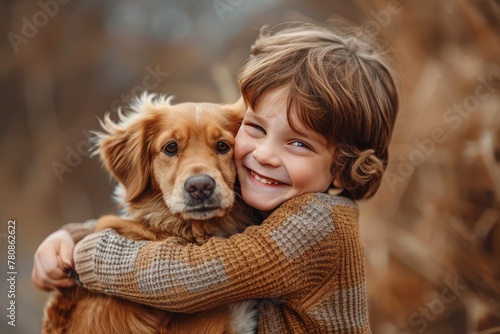 Boy hugging a dog in autumn setting