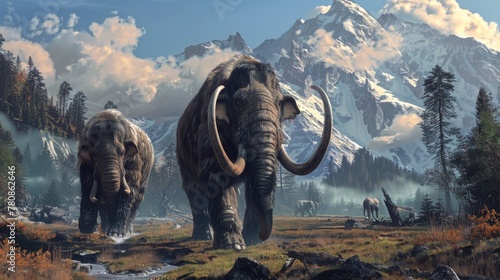 Two mammoths walking through a field with a mountain in the background. Suitable for educational materials or historical illustrations