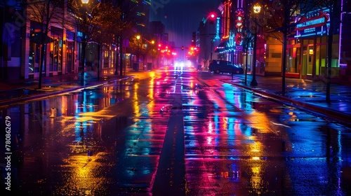 A brightly lit  empty street at night  with colorful lights reflecting off the wet pavement  creating an atmosphere of loneliness and introspection.