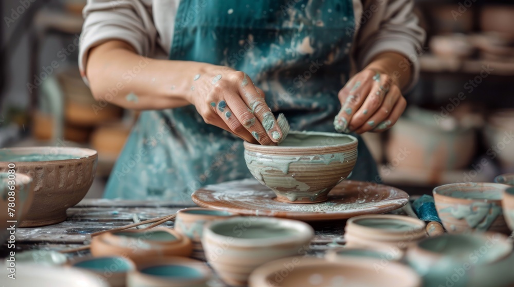 Person crafting ceramic bowl on a pottery wheel in a workshop. Close-up photography of hands working with clay. Artistic pottery making for design and interior decor