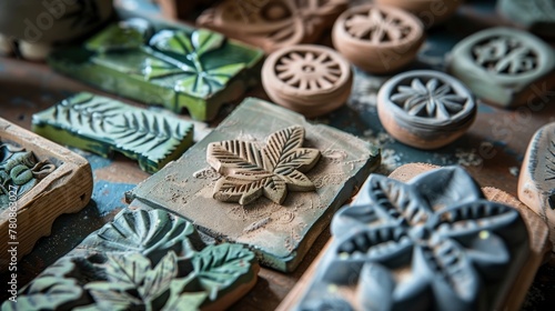 Assorted ceramic tiles and ornaments with leaf patterns in various colors on a wooden surface. Close-up photography of decorative pottery. Artistic elements for design and interior decor