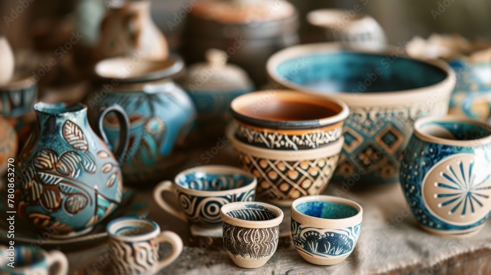 Collection of blue and brown patterned ceramic pottery. Artistic tableware display with cultural motifs Collection of blue and brown patterned ceramic pottery. Artistic tableware display with cultural motifs