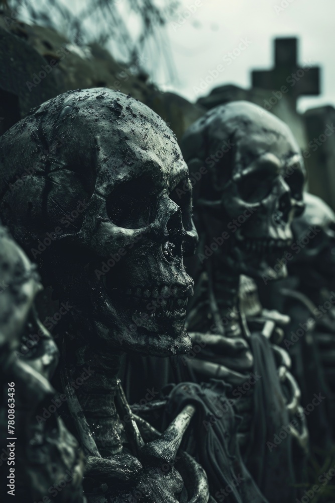 Fototapeta premium A group of skeleton statues sitting next to each other. Suitable for Halloween decorations