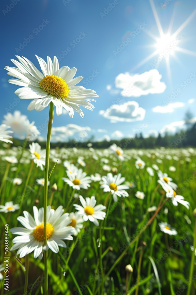 Daisies in sunny meadow under blue sky