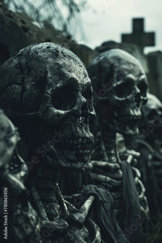 A group of skeleton statues sitting next to each other. Suitable for Halloween decorations © Fotograf