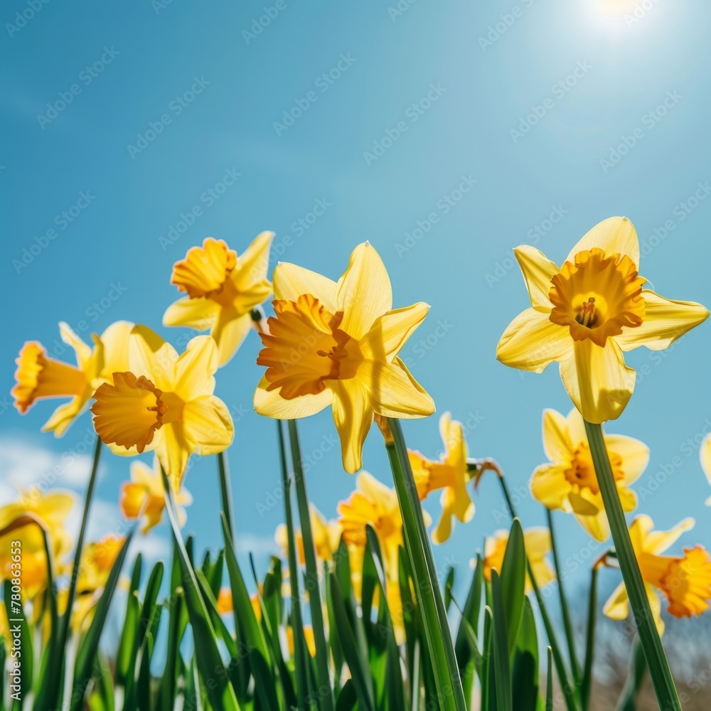 Fototapeta premium Vibrant yellow daffodils blooming under the bright spring sun with a clear blue sky in the background. Springtime flowers and renewal concept