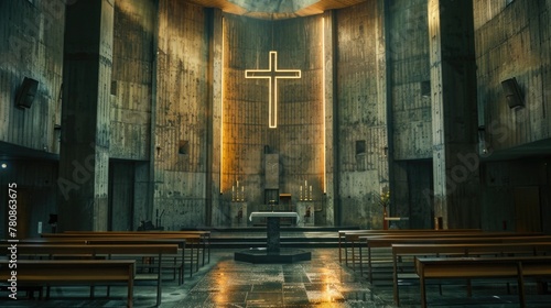 Interior of a church with wooden pews and a cross on the wall. Suitable for religious themes photo