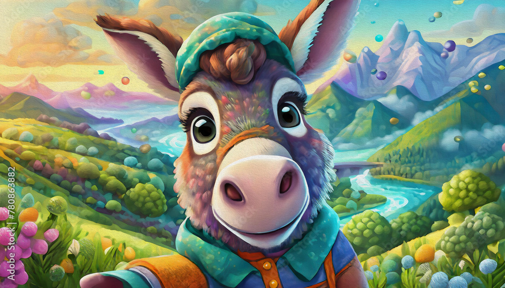 Fototapeta premium OIL PAINTING STYLE CARTOON CHARACTER CUTE BABY DONKEY takes a selfie isolated on white background, top view