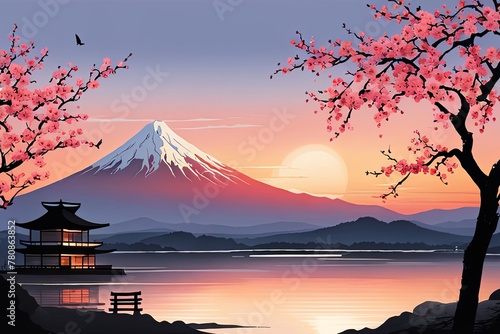 Serene landscape with mountain  pagoda in background. For meditation apps  on covers of books about spiritual growth  in designs for yoga studios  spa salons  illustration for articles on inner peace.