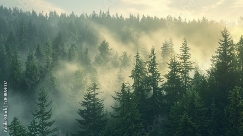 Foggy forest with pine trees  perfect for nature backgrounds