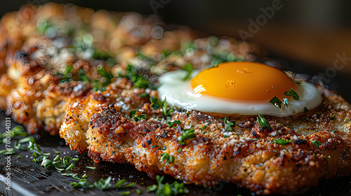 Crispy chicken steak with panko and egg in a ceramic plate.