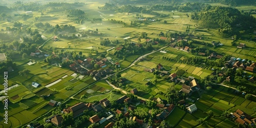 A scenic aerial view of a peaceful village in the countryside. Ideal for travel brochures or real estate websites
