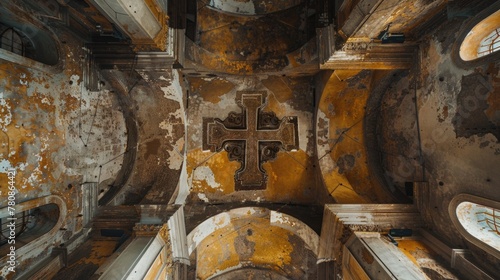 A close-up view of the ceiling in an old building with peeling paint. Suitable for architectural or renovation concepts