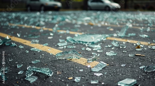 A close-up shot of scattered broken glass shards on the concrete ground © Chingiz