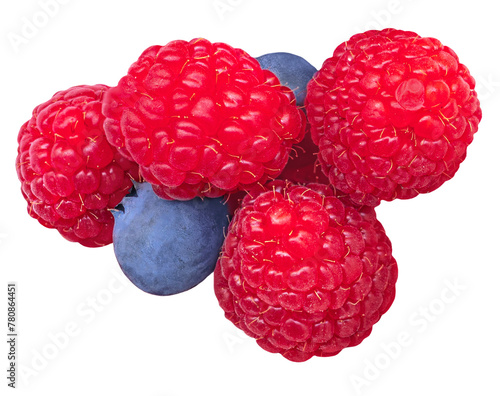 Wild Berries mix isolated on white background. Fresh raspberry and blueberry closeup. Flat lay, top view.