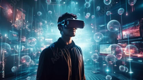  man wearing a VR headset designs a detailed virtual world. On the background is full of floating codes.  photo