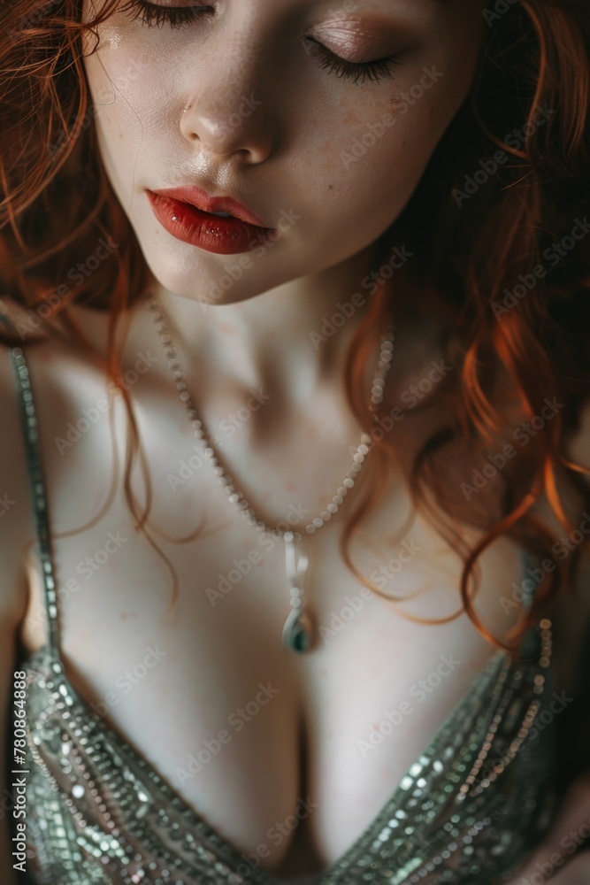 Close up of a woman with striking red hair, perfect for beauty or fashion concepts