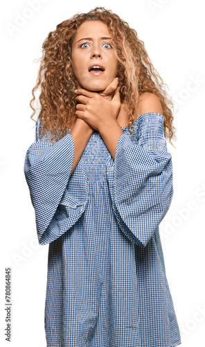 Beautiful caucasian teenager girl wearing summer dress shouting and suffocate because painful strangle. health problem. asphyxiate and suicide concept.