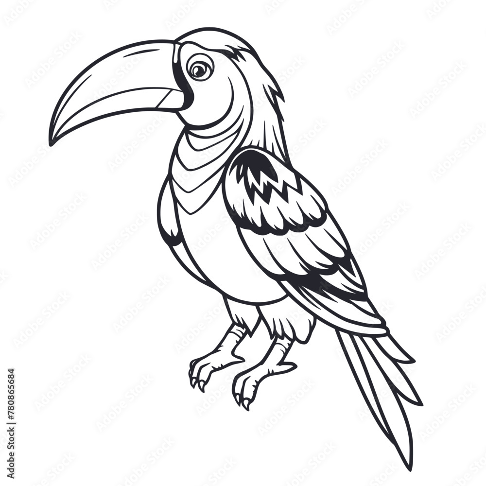 Naklejka premium Exotic toucan or tropical bird with big beak and colorful feathers for summer beach design of paradise jungle. Monochrome outline style or black and white lines
