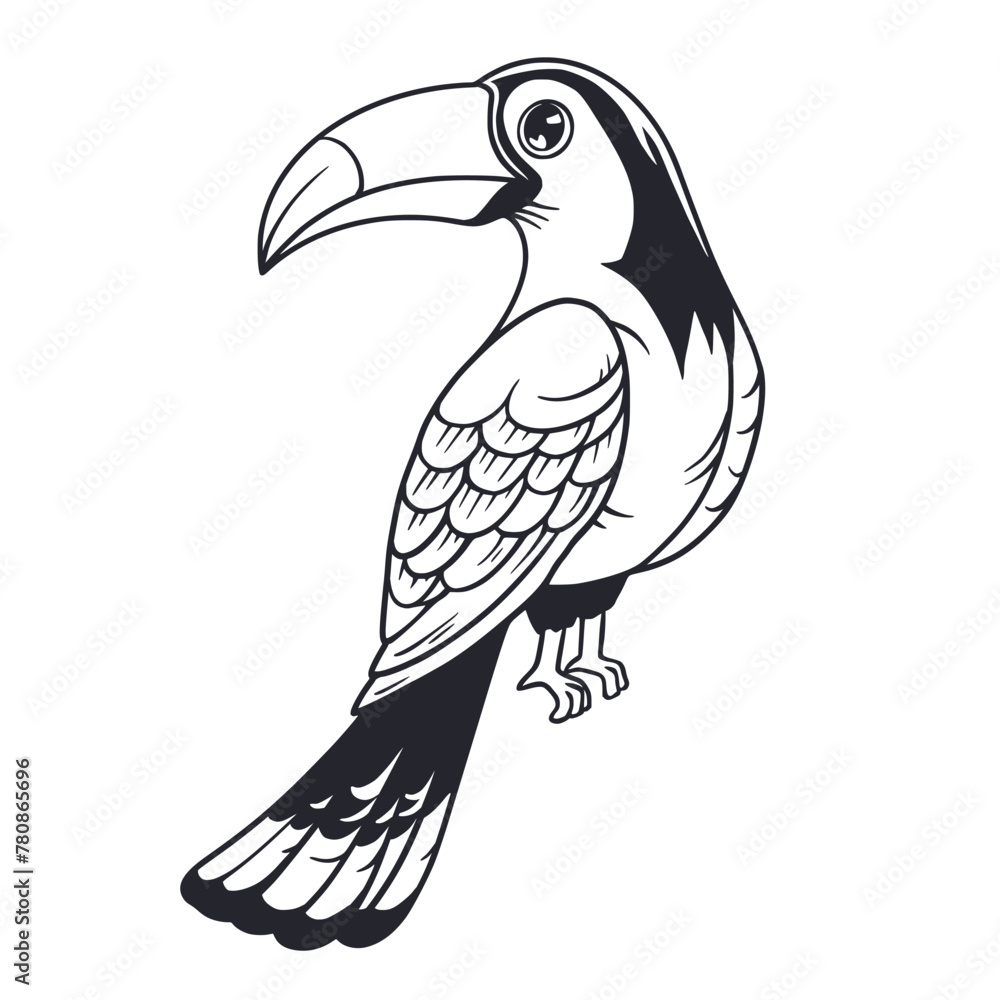 Fototapeta premium Exotic toucan or tropical bird with big beak and colorful feathers for summer beach design of paradise jungle. Monochrome outline style or black and white lines