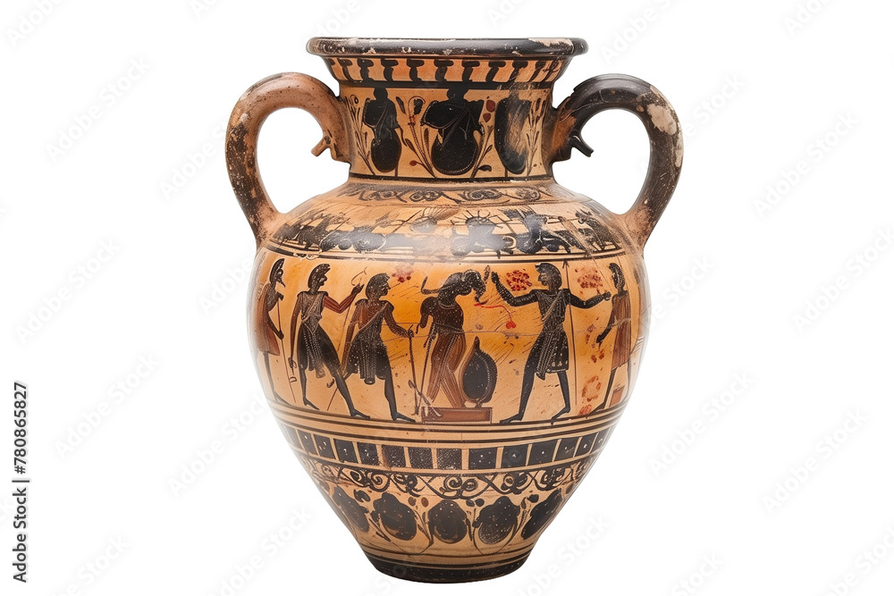 Ancient Greek Vase with Mythological Scenes - Isolated on White Transparent Background, PNG
