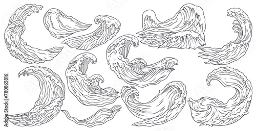 Exotic tropical surf waves set with foam for summer marine design. Stylized oceanic wave collection for nautical design with beach, sea and ocean for surfing or diving. Monochrome outline style