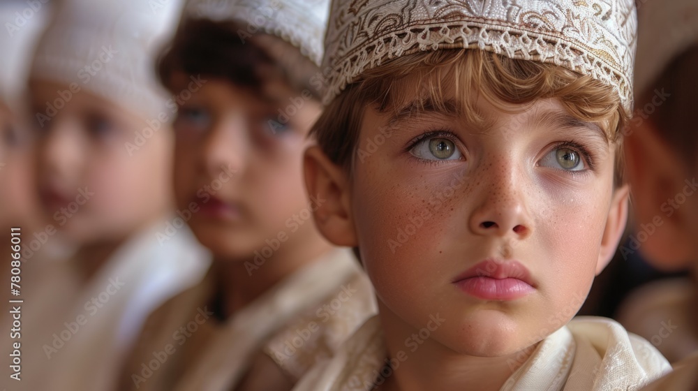 Hopeful gaze of a young boy in a traditional cap among peers, capturing a moment of curiosity and learning. Perfect for educational outreach, cultural exchange programs