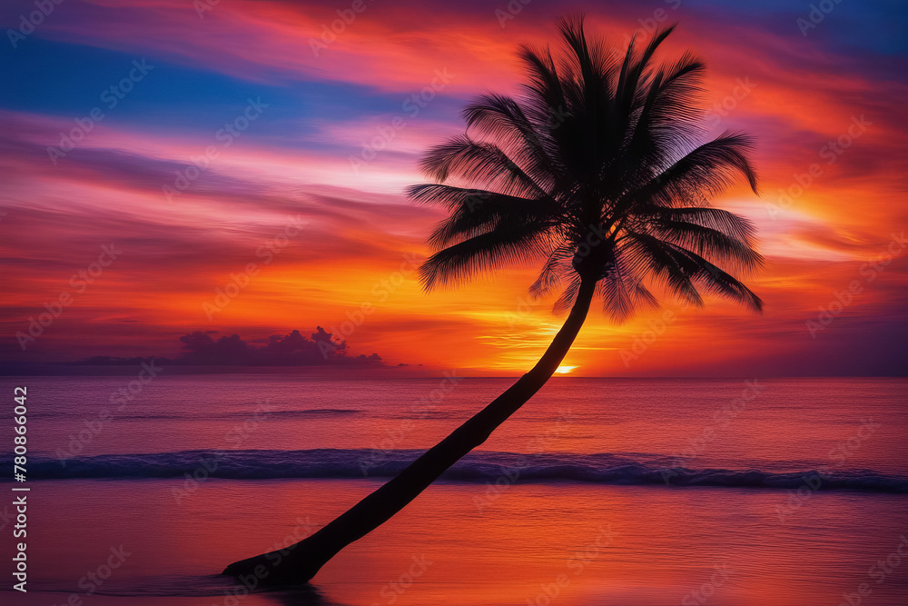 Sunset on a tropical beach of a large tilted palm tree.