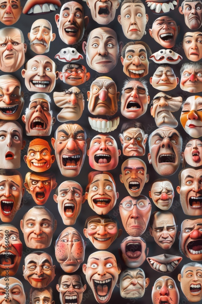 A collection of faces displayed on a wall. Suitable for interior design projects A collection of faces displayed on a wall. Suitable for interior design projects