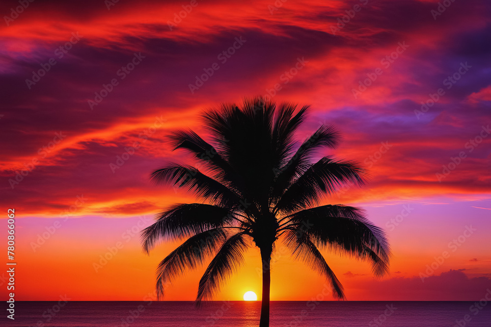 Sunset over a palm tree on a tropical beach