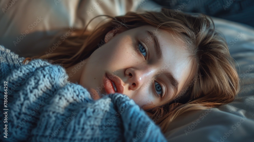 A woman laying in bed with a blue blanket. Suitable for bedroom decor ideas A woman laying in bed with a blue blanket. Suitable for bedroom decor ideas