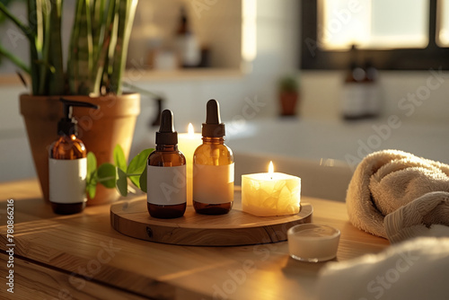 Golden hour lighting over skincare essentials and a cozy towel. AI Generated.