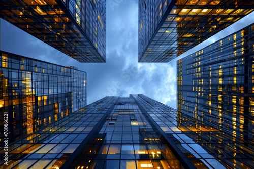 Looking up at towering skyscrapers illuminated at twilight against a cloudy sky. Architectural perspective and urban development concept. Design for corporate brochures  real estate presentations