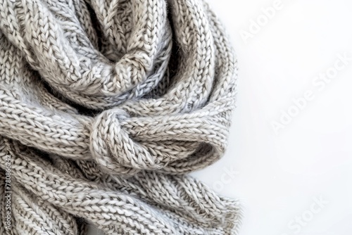Gray knitted woolen scarf on white background cozy winter atmosphere Folded wave design room for text