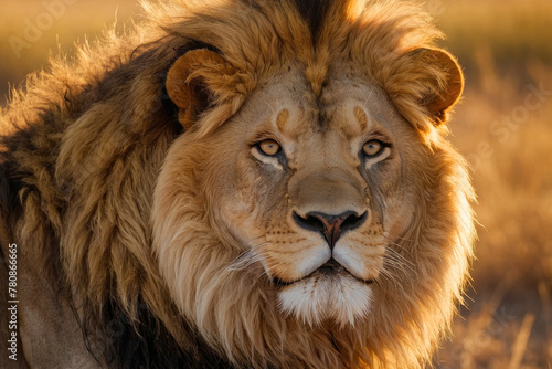 A lion with a long mane and a golden face stands in a field of tall grass. The lion s gaze is fixed on the camera  and it is looking at the viewer