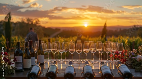 Elegant wine tasting setup with multiple glasses and bottles, overlooking a vineyard during a picturesque sunset.