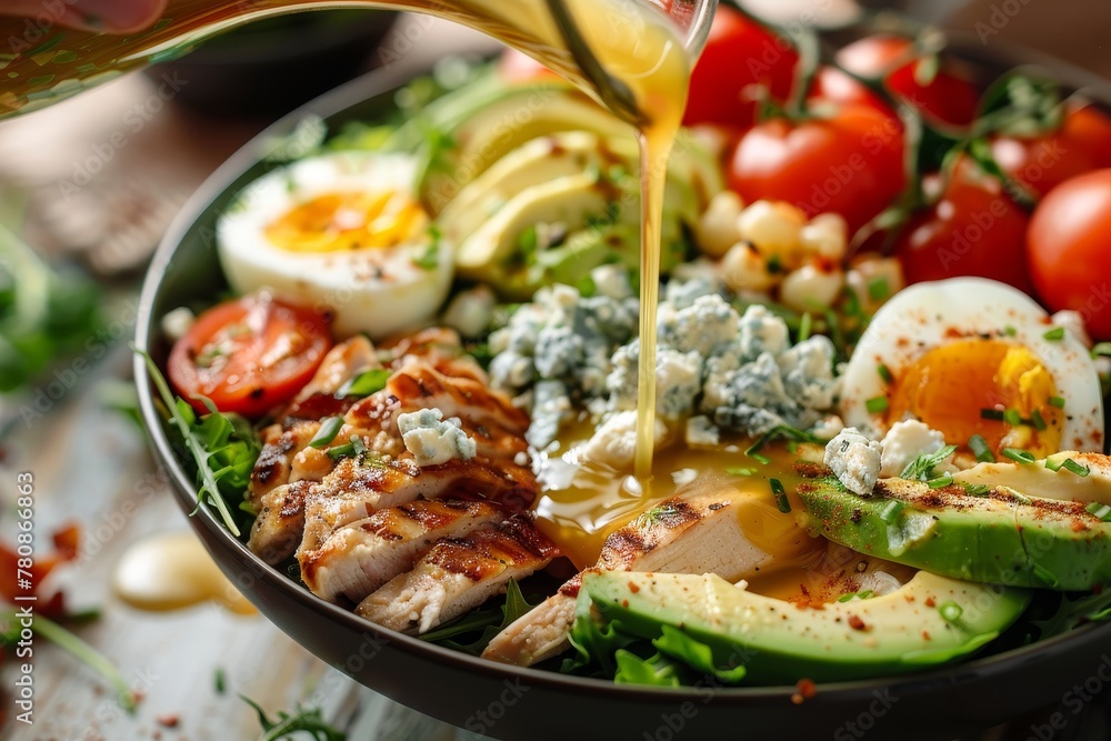 Hand dressing cobb salad with chicken avocado bacon blue cheese tomato and eggs Classic American Keto dish Hand dressing cobb salad with chicken avocado bacon blue cheese tomato and eggs Classic American Keto dish
