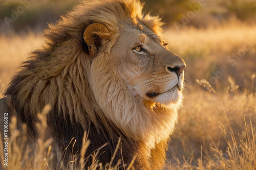 Close-up of a majestic male lion  its mane bathed in the warm glow of a setting sun. A lion with a long mane and a golden face stands in a field of tall grass
