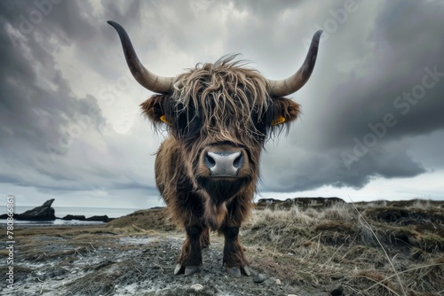 Hairy yak in the Scottish highlands embrace windy days under gray clouds