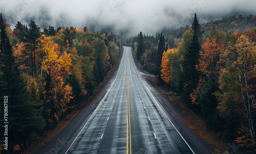 Empty Highway in Autumn Canadian Shield Landscape photo