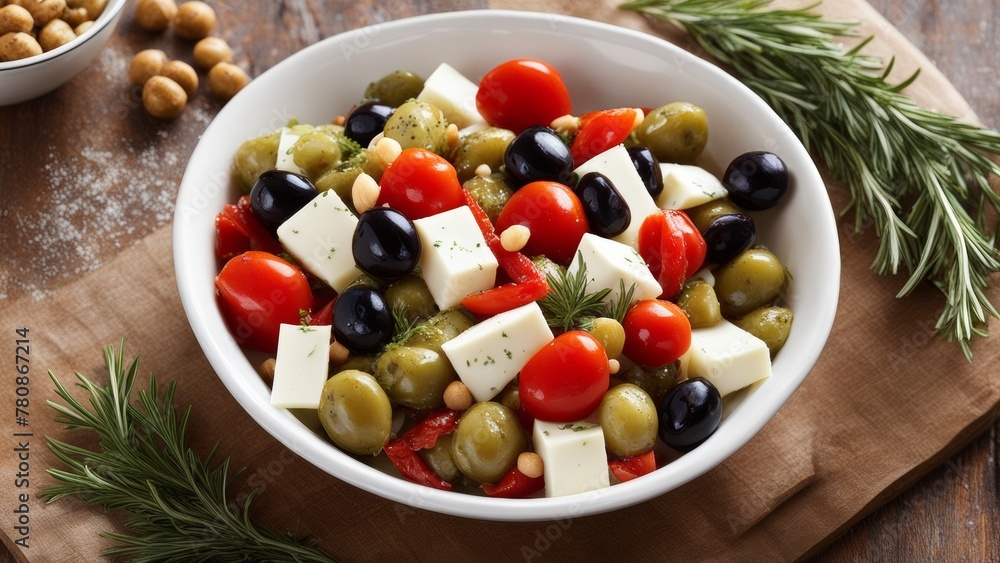 A Mediterranean snack. Green olives, small balls of mozzarella cheese, quartered artichokes and pieces of fried red pepper. Sprinkled with pine nuts and fresh herbs, rosemary and thyme. A Mediterranean snack. Green olives, small balls of mozzarella cheese, quartered artichokes and pieces of fried red pepper. Sprinkled with pine nuts and fresh herbs, rosemary and thyme.