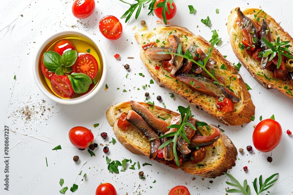 Herb and tomato topped toast with anchovies in olive oil White table Overhead view Herb and tomato topped toast with anchovies in olive oil White table Overhead view