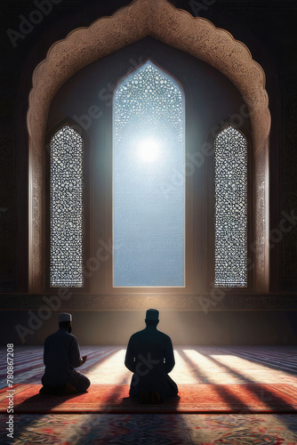 Minimalist Islamic backdrop with silhouette Muslims praying in the mosque near the window.