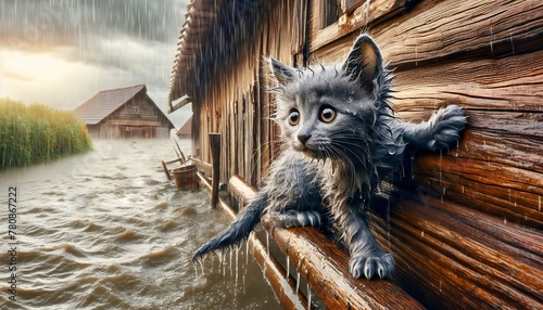 A kitten escapes from a flood photo