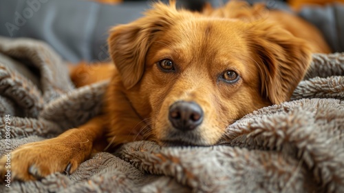 Brown dog lying on a grey blanket, cozy pet relaxation concept, suitable for design elements in pet care and comfort, close-up view