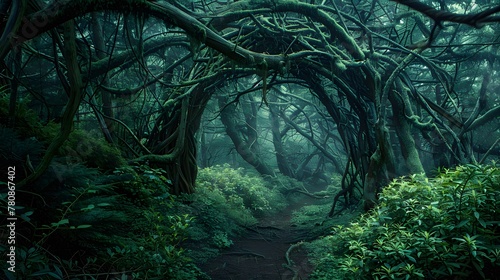 A dense, dark forest with a natural archway formed by intertwining branches of ancient trees, leading into a mysterious, unexplored part of the forest